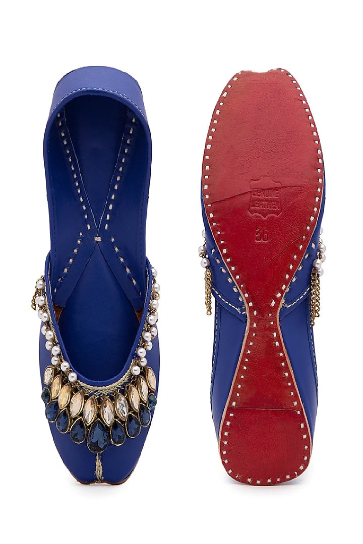 Blue Leatherette Juttis by 5 Elements at Pernia's Pop Up Shop