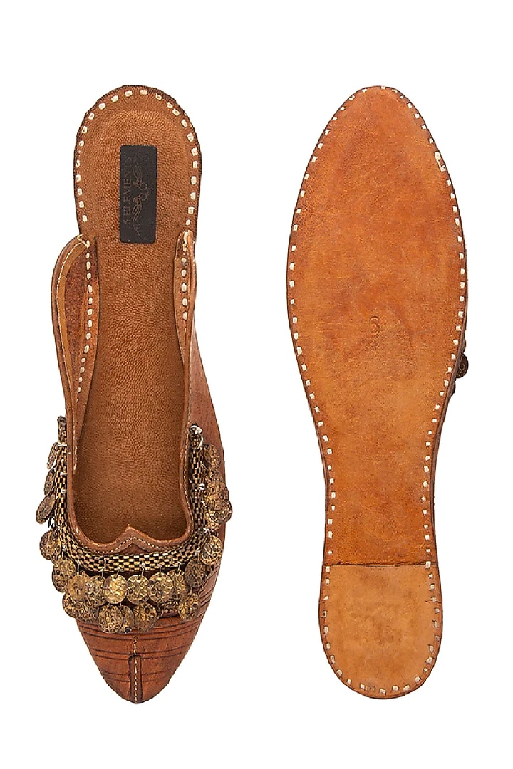 Tan Brown Coin Embellished Juttis by 5 Elements at Pernia's Pop Up Shop