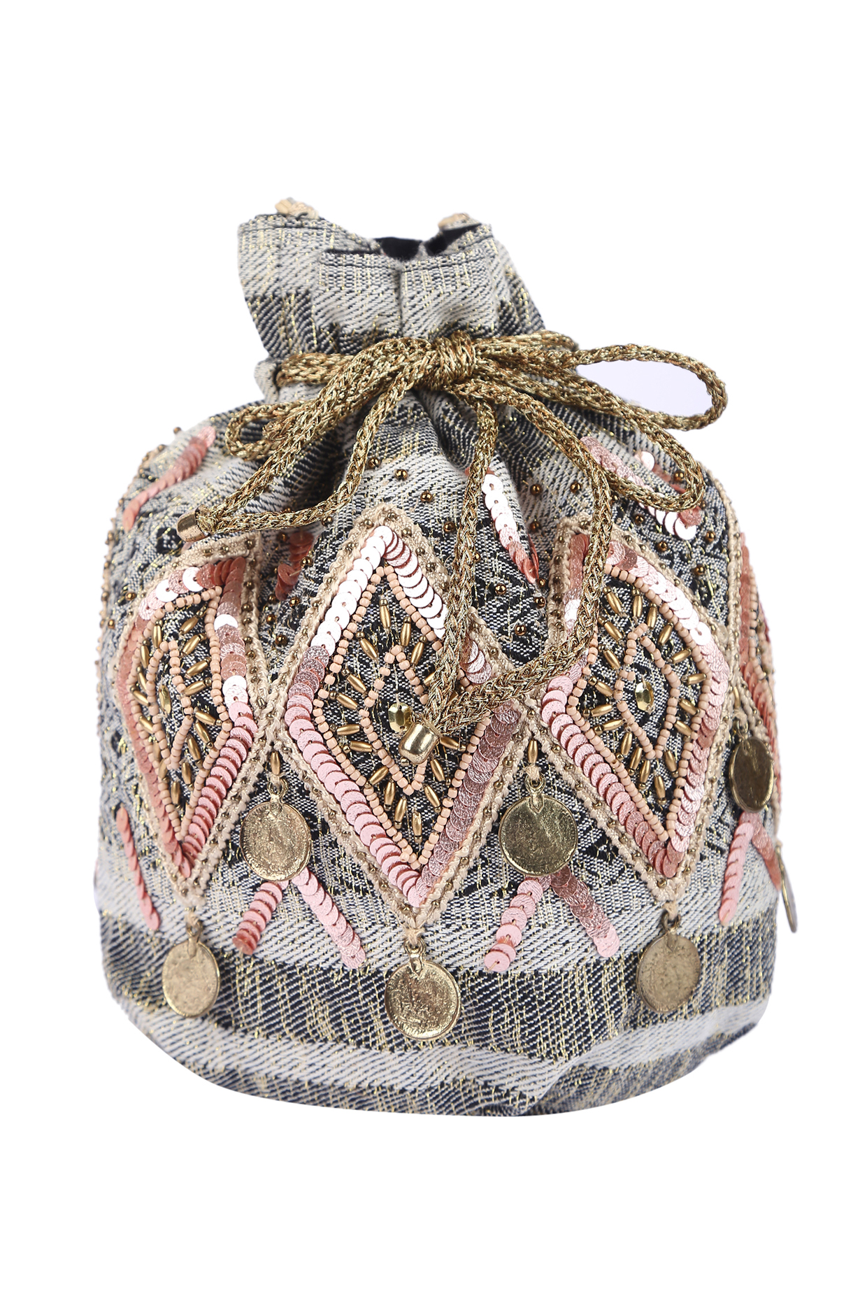 Grey Sequins Handcrafted Potli by 5 Elements at Pernia's Pop Up Shop