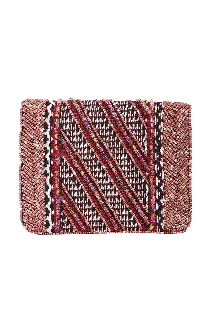 Red Handcrafted Embellished Clutch by 5 Elements