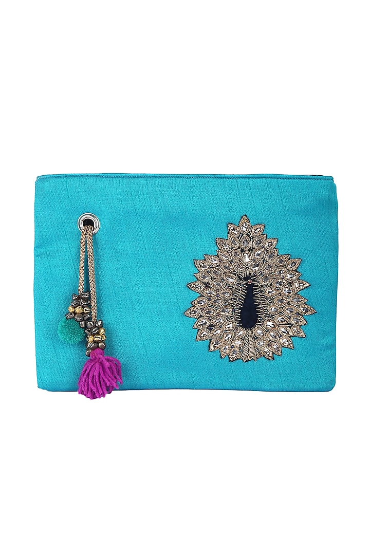 Turquoise Embellished Zipper Bag by 5 Elements