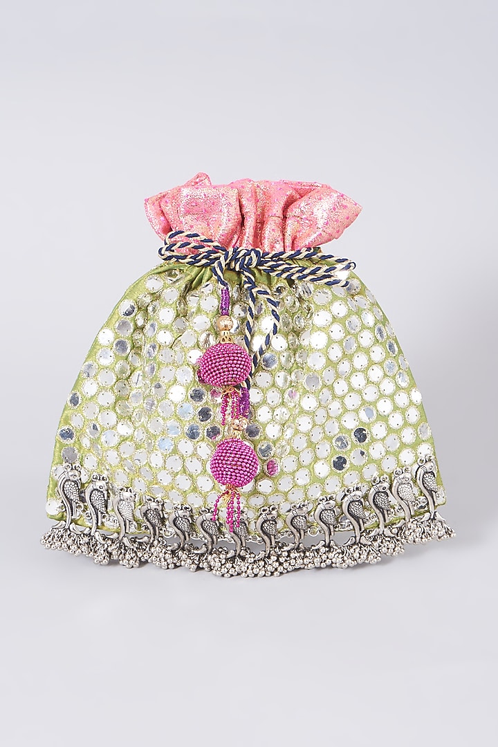 Pink & Green Embellished Potli by 5 Elements at Pernia's Pop Up Shop