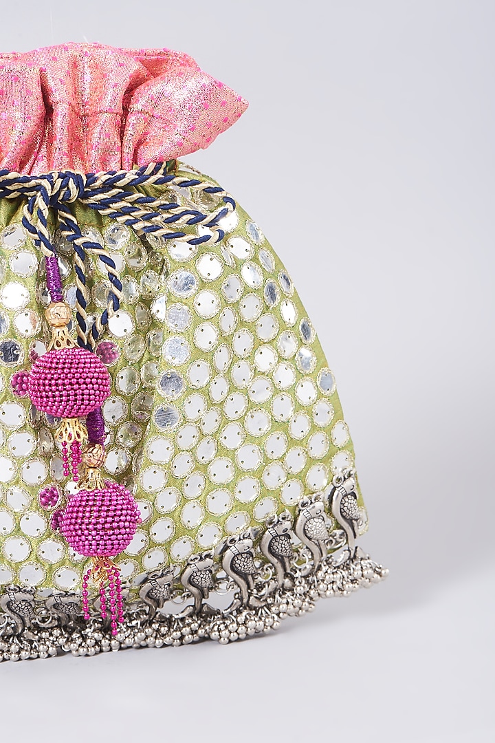 Pink & Green Embellished Potli by 5 Elements at Pernia's Pop Up Shop