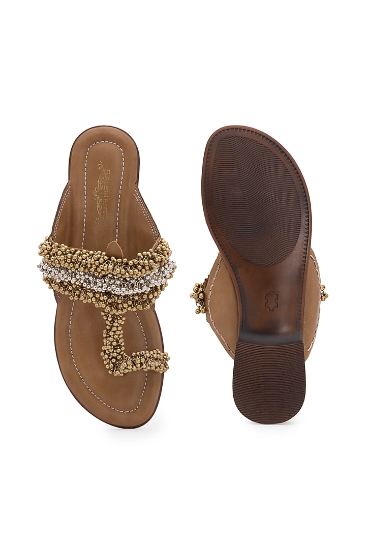 Dark Beige Embellished Kolhapuri Sandals by 5 Elements at Pernia's Pop Up Shop
