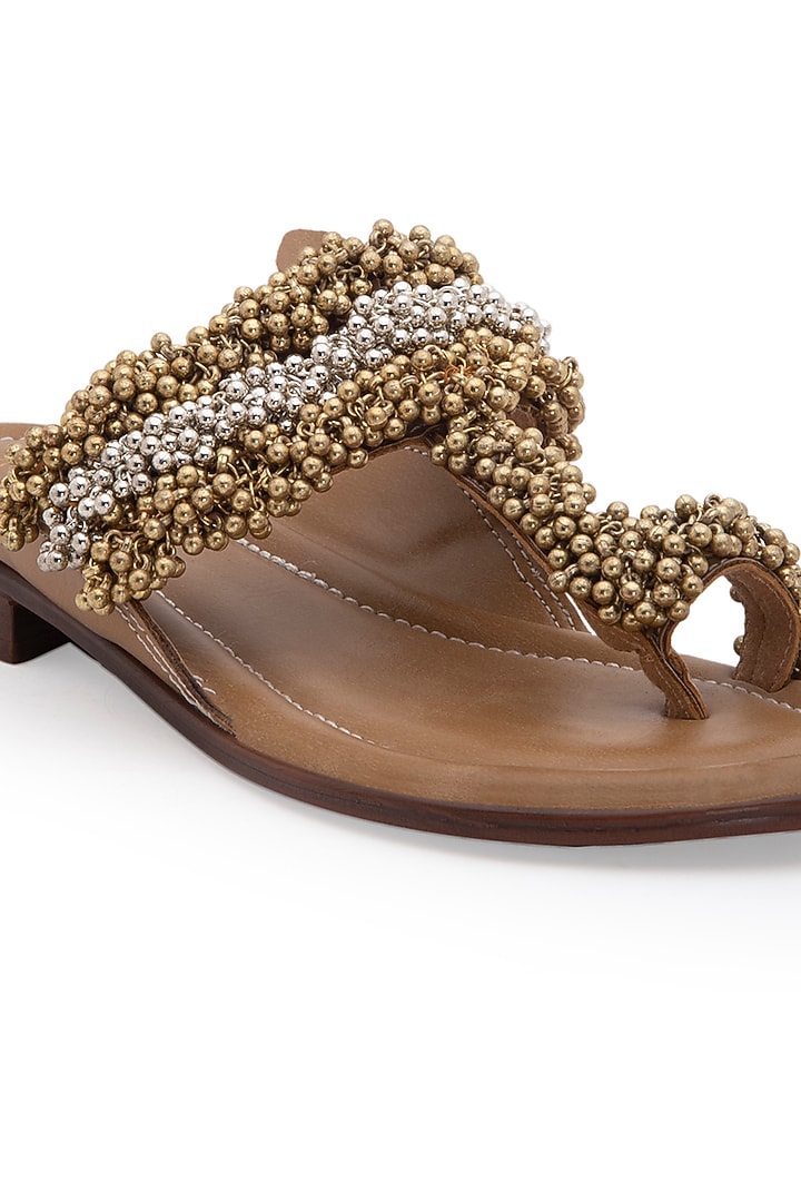 Dark Beige Embellished Kolhapuri Sandals by 5 Elements at Pernia's Pop Up Shop