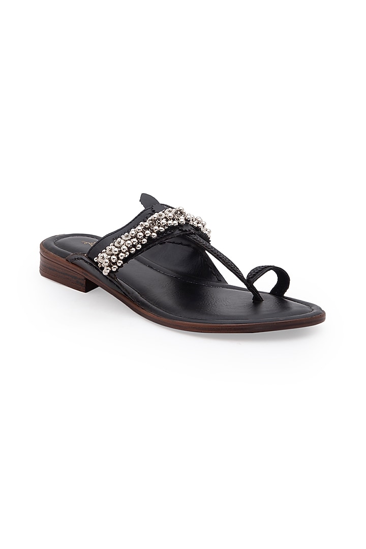 Black Embellished Kolhapuri Sandals by 5 Elements at Pernia's Pop Up Shop