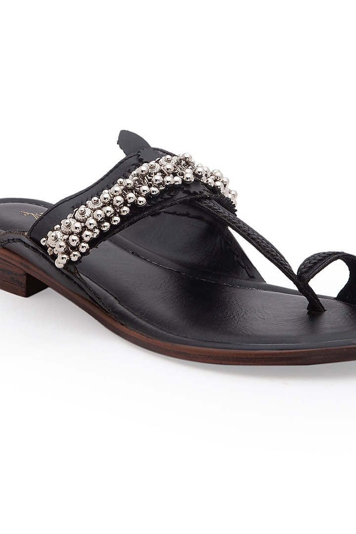 Black Embellished Kolhapuri Sandals by 5 Elements at Pernia's Pop Up Shop