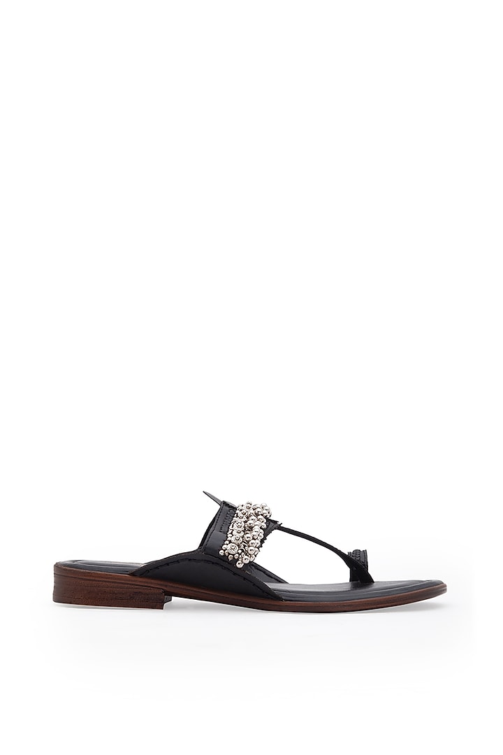 Black Embellished Kolhapuri Sandals by 5 Elements at Pernia's Pop Up Shop