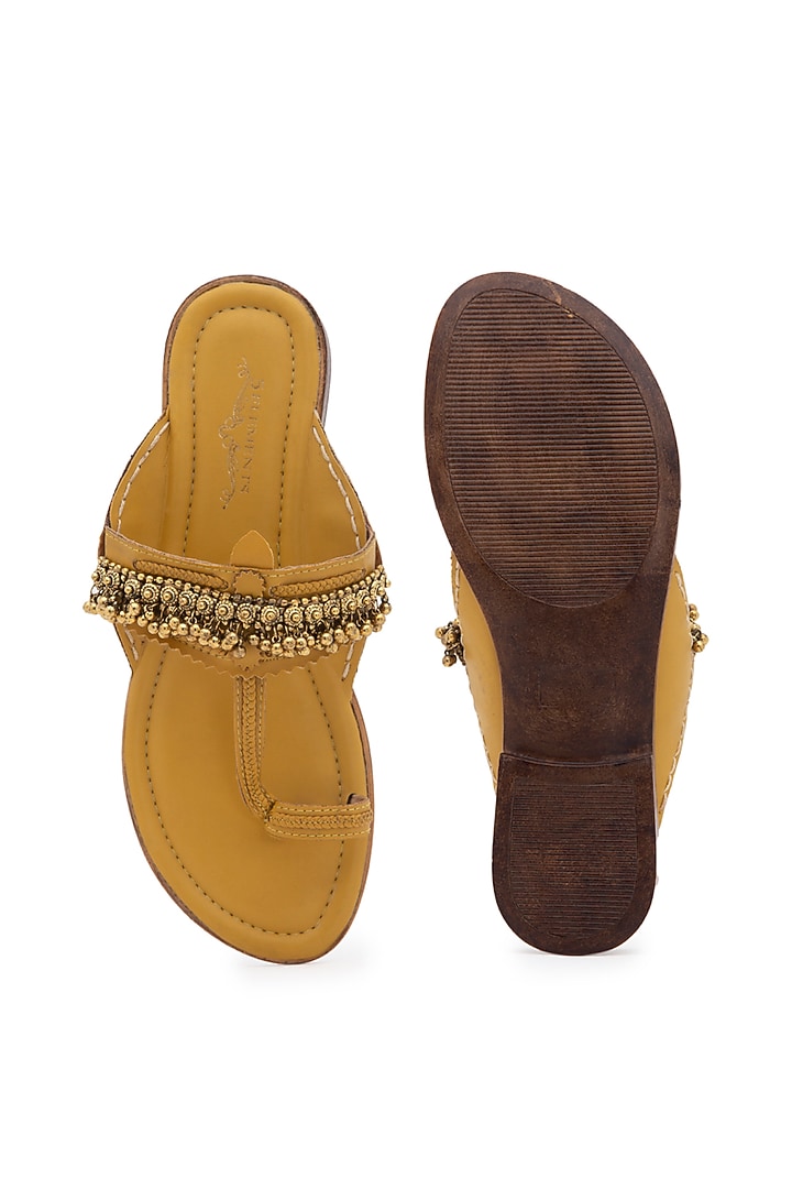 Yellow Embellished Kolhapuri Sandals by 5 Elements at Pernia's Pop Up Shop