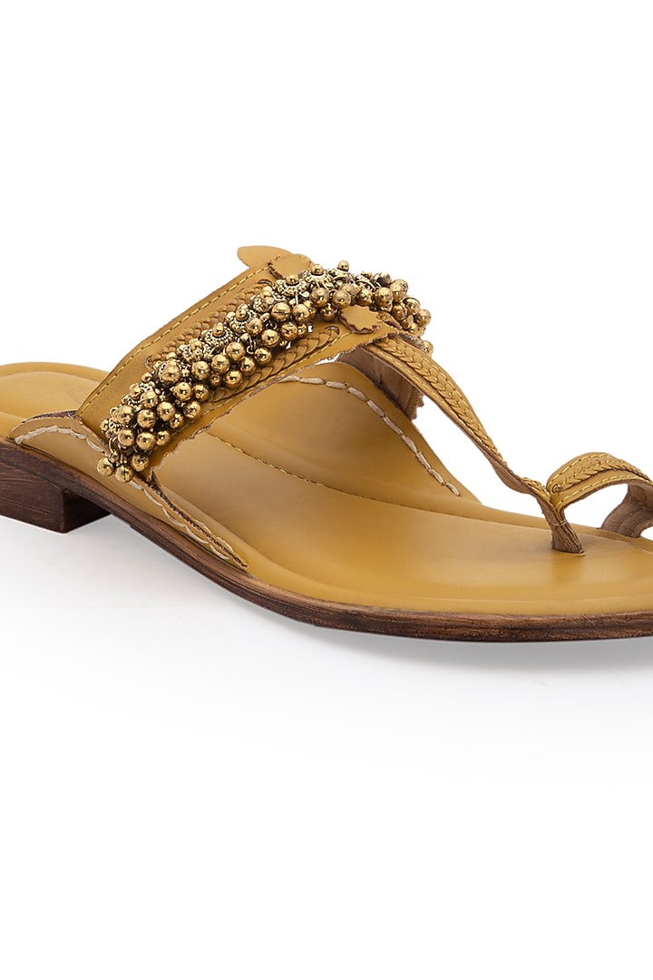 Yellow Embellished Kolhapuri Sandals by 5 Elements at Pernia's Pop Up Shop