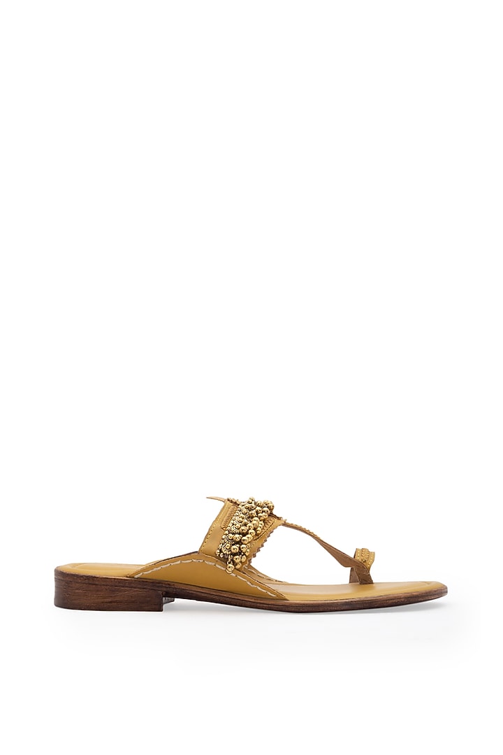 Yellow Embellished Kolhapuri Sandals by 5 Elements at Pernia's Pop Up Shop