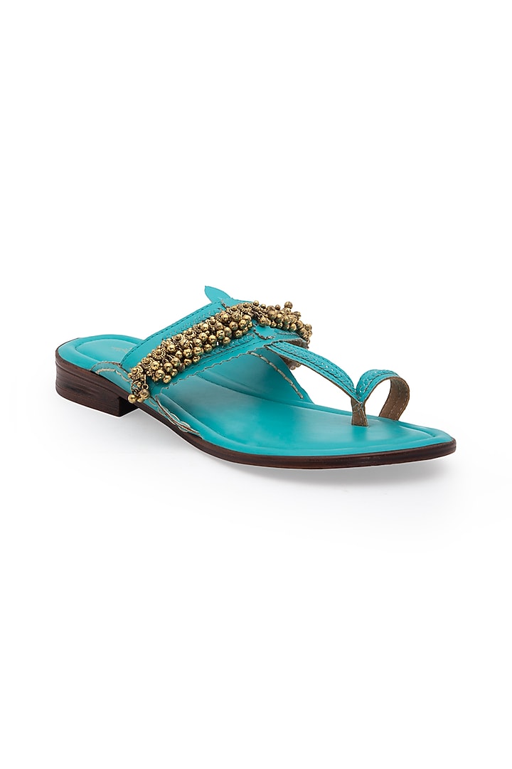 Turquoise Embellished Kolhapuri Sandals by 5 Elements at Pernia's Pop Up Shop
