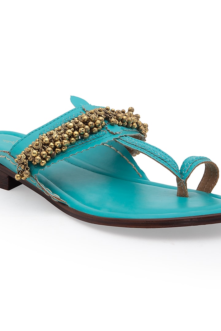 Turquoise Embellished Kolhapuri Sandals by 5 Elements at Pernia's Pop Up Shop