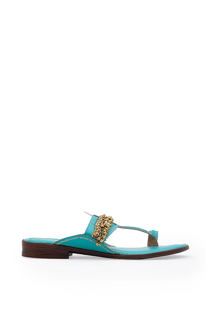 Turquoise Embellished Kolhapuri Sandals by 5 Elements at Pernia's Pop Up Shop