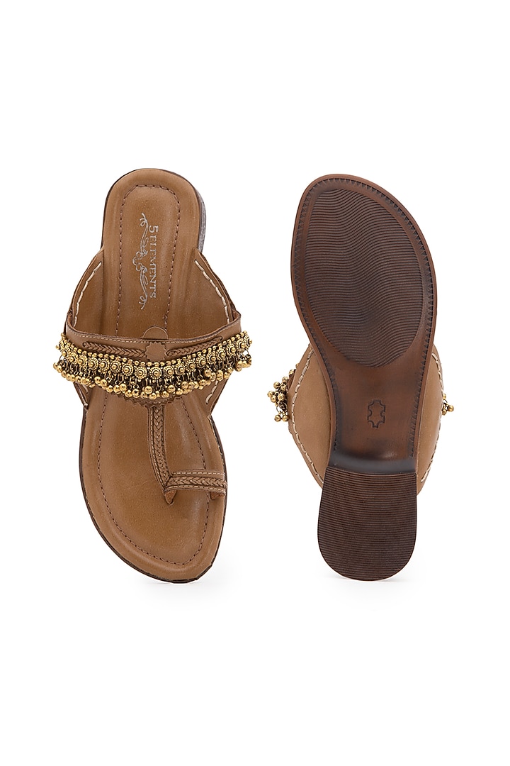 Dark Beige Embellished Handcrafted Kolhapuri Sandals by 5 Elements at Pernia's Pop Up Shop