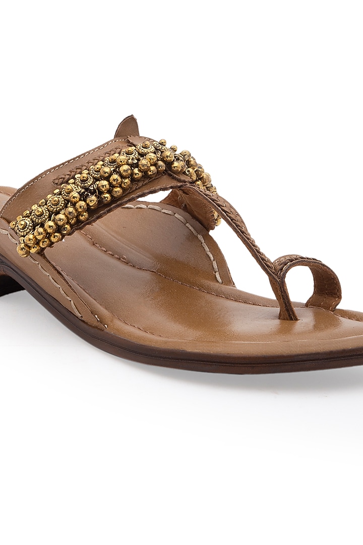 Dark Beige Embellished Handcrafted Kolhapuri Sandals by 5 Elements at Pernia's Pop Up Shop