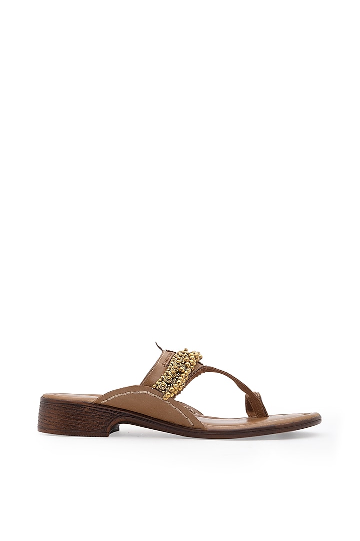 Dark Beige Embellished Handcrafted Kolhapuri Sandals by 5 Elements at Pernia's Pop Up Shop