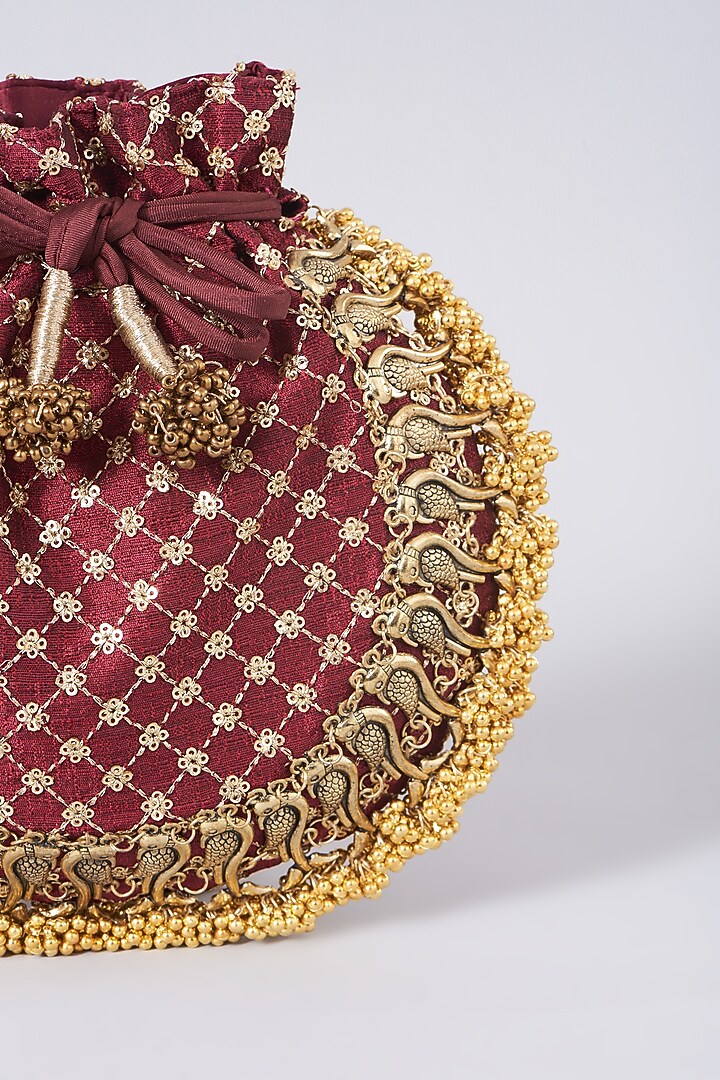 Red Motif Embellished Potli by 5 Elements at Pernia's Pop Up Shop