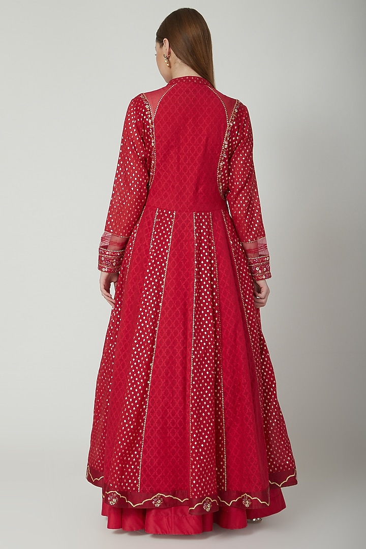 Red Embroidered Party Wear Anarkali Set by 5X by Ajit Kumar at Pernia's Pop Up Shop