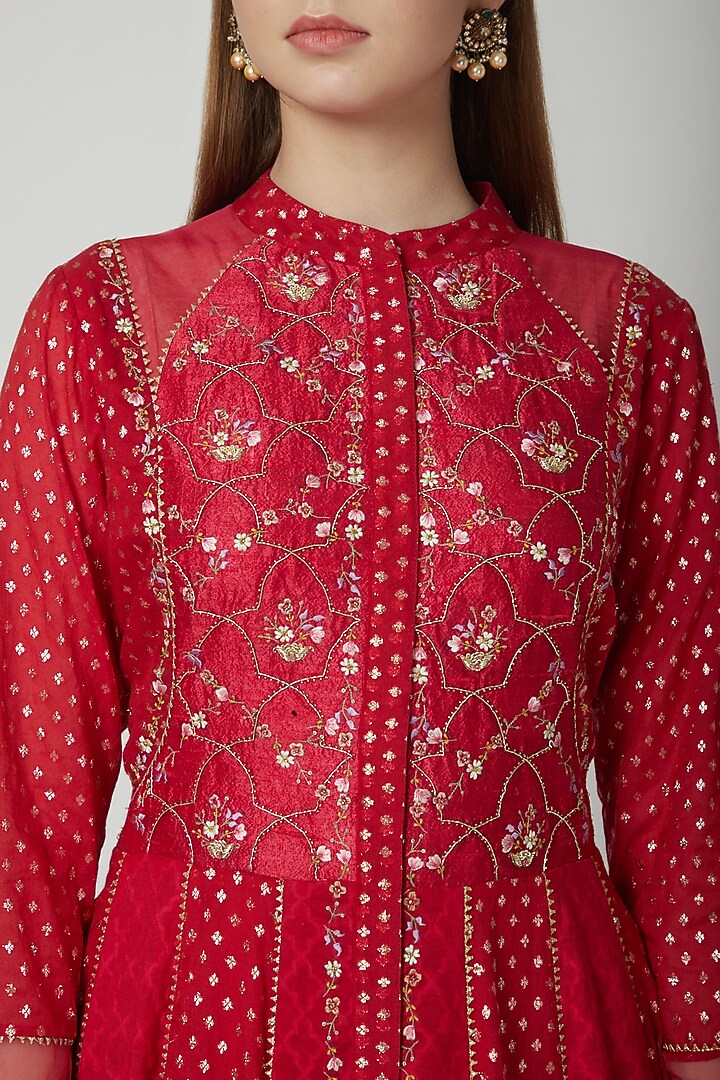 Red Embroidered Party Wear Anarkali Set by 5X by Ajit Kumar at Pernia's Pop Up Shop