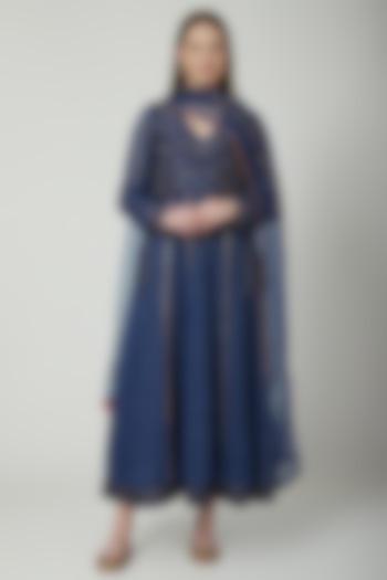 Midnight Blue Embroidered Anarkali Set by 5X by Ajit Kumar