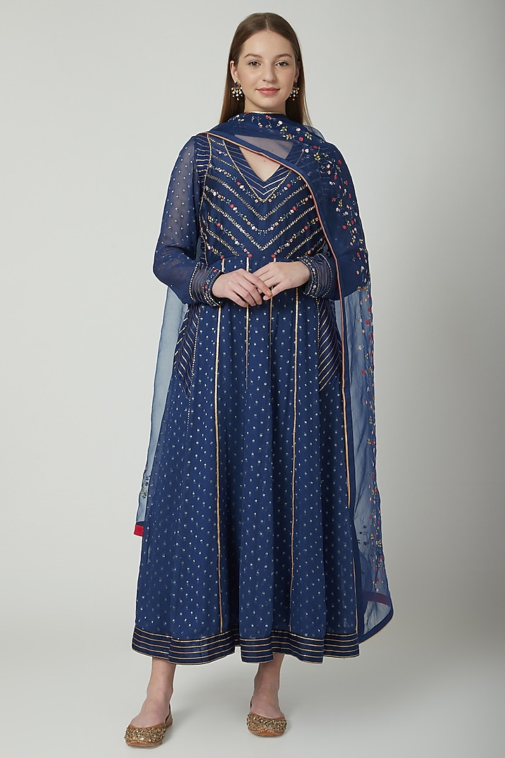 Midnight Blue Embroidered Anarkali Set by 5X by Ajit Kumar at Pernia's Pop Up Shop