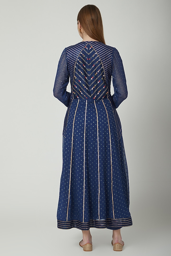 Midnight Blue Embroidered Party Wear Anarkali Set by 5X by Ajit Kumar at Pernia's Pop Up Shop