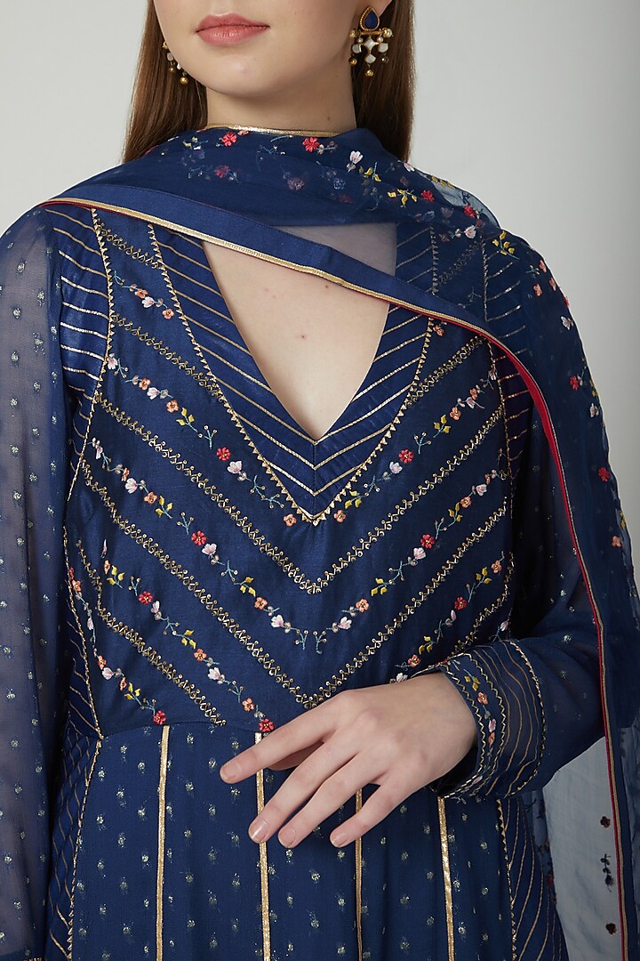 Midnight Blue Embroidered Party Wear Anarkali Set by 5X by Ajit Kumar at Pernia's Pop Up Shop
