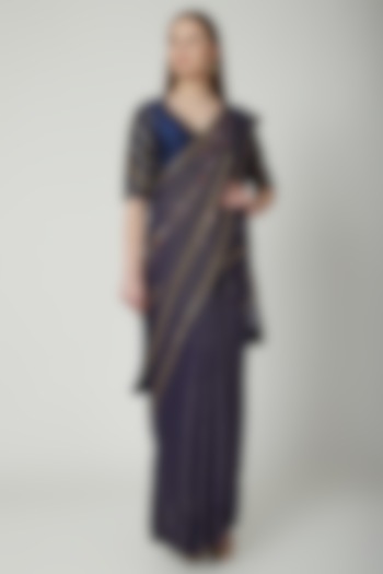 Midnight Blue Embroidered Saree Set by 5X by Ajit Kumar