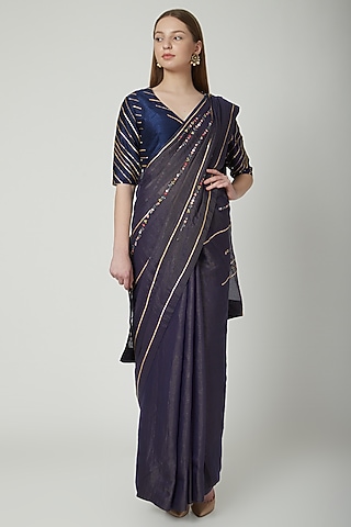 Midnight Blue Embroidered Saree Set by 5X by Ajit Kumar
