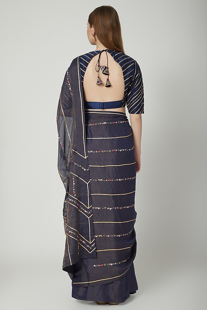Midnight Blue Embroidered Party Wear Saree Set by 5X by Ajit Kumar at Pernia's Pop Up Shop