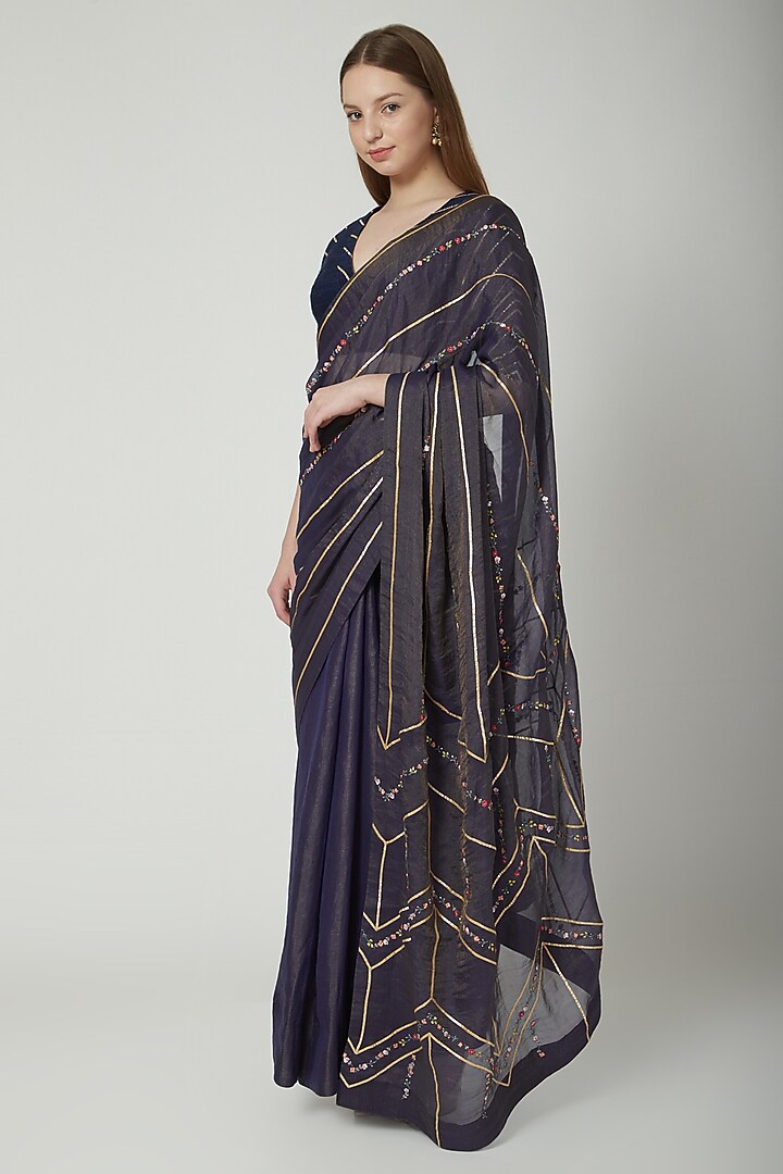 Midnight Blue Embroidered Party Wear Saree Set by 5X by Ajit Kumar at Pernia's Pop Up Shop