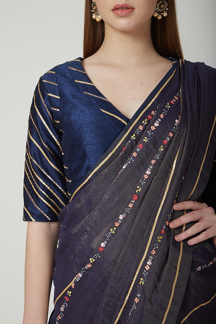 Midnight Blue Embroidered Party Wear Saree Set by 5X by Ajit Kumar at Pernia's Pop Up Shop