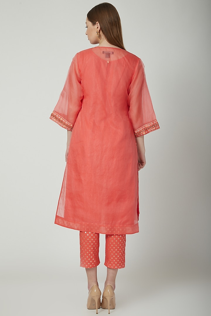 Coral Embroidered Kurta Set by 5X By Ajit Kumar at Pernia's Pop Up Shop