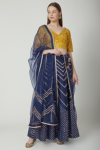 Midnight Blue & Mustard Embroidered Lehenga Set by 5X by Ajit Kumar