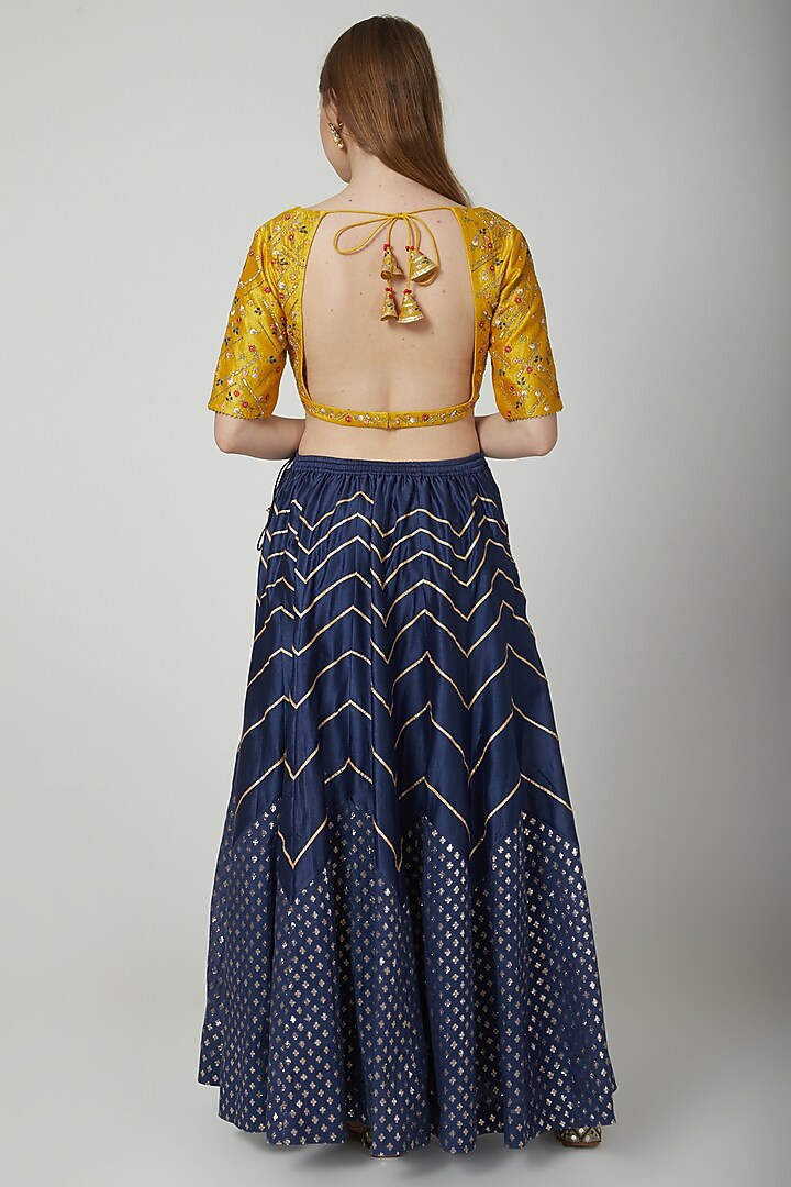 Midnight Blue & Mustard Embroidered Lehenga Set by 5X by Ajit Kumar at Pernia's Pop Up Shop