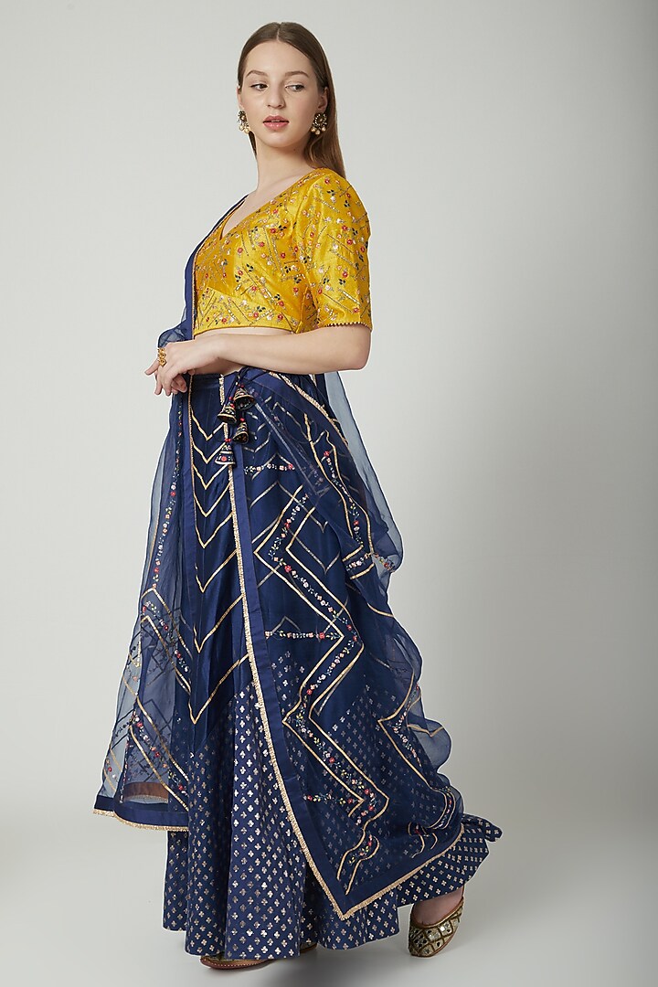 Midnight Blue & Mustard Embroidered Lehenga Set by 5X by Ajit Kumar at Pernia's Pop Up Shop