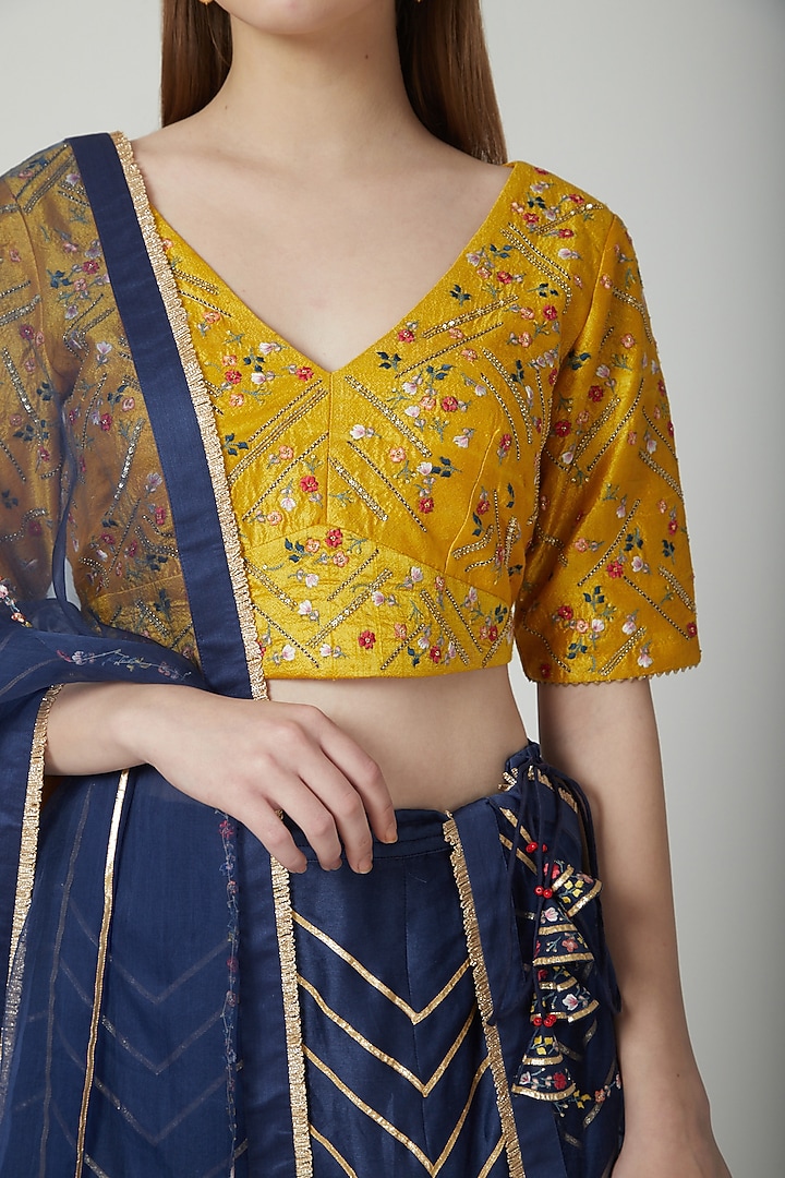 Midnight Blue & Mustard Embroidered Lehenga Set by 5X by Ajit Kumar at Pernia's Pop Up Shop