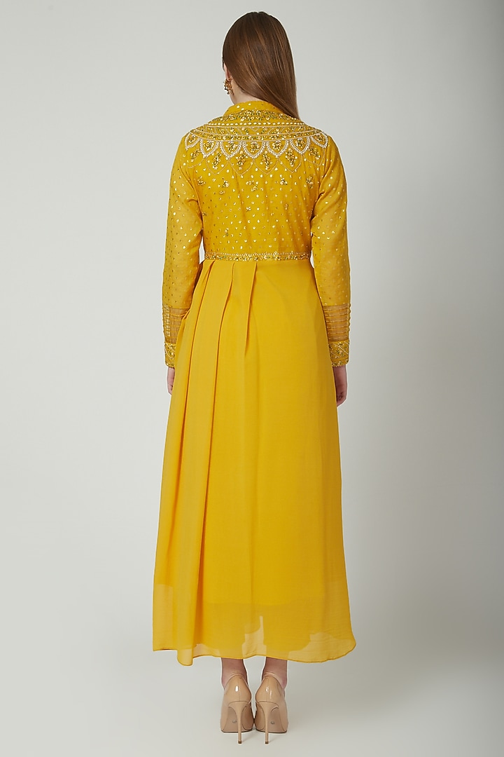 Mustard Embroidered Party Wear Anarkali Set by 5X by Ajit Kumar at Pernia's Pop Up Shop
