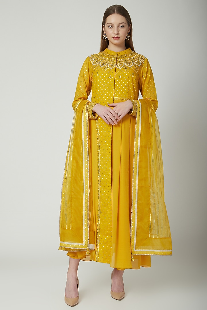Mustard Embroidered Party Wear Anarkali Set by 5X by Ajit Kumar at Pernia's Pop Up Shop