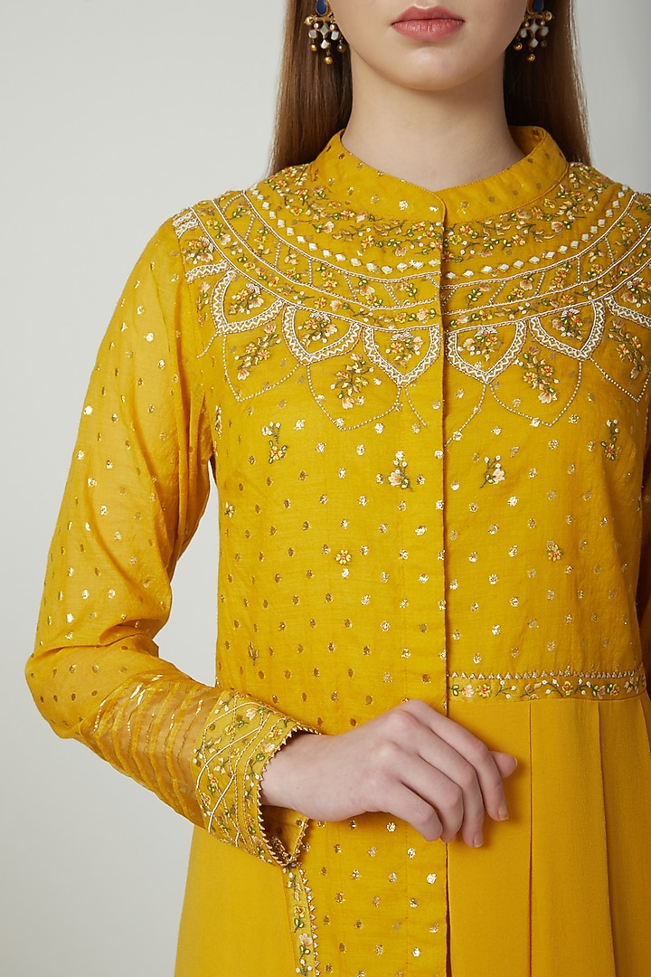 Mustard Embroidered Party Wear Anarkali Set by 5X by Ajit Kumar at Pernia's Pop Up Shop