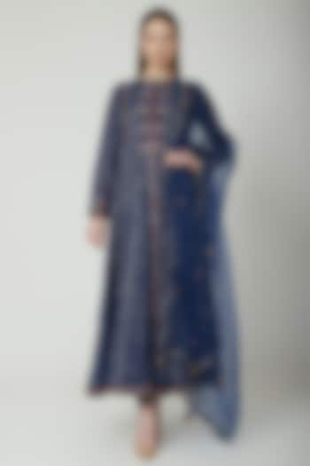 Midnight Blue Sequins Embroidered Anarkali Set by 5X by Ajit Kumar at Pernia's Pop Up Shop