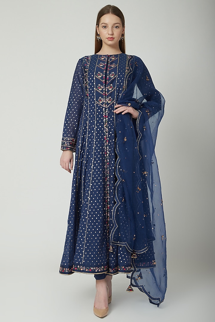 Midnight Blue Sequins Embroidered Anarkali Set by 5X by Ajit Kumar