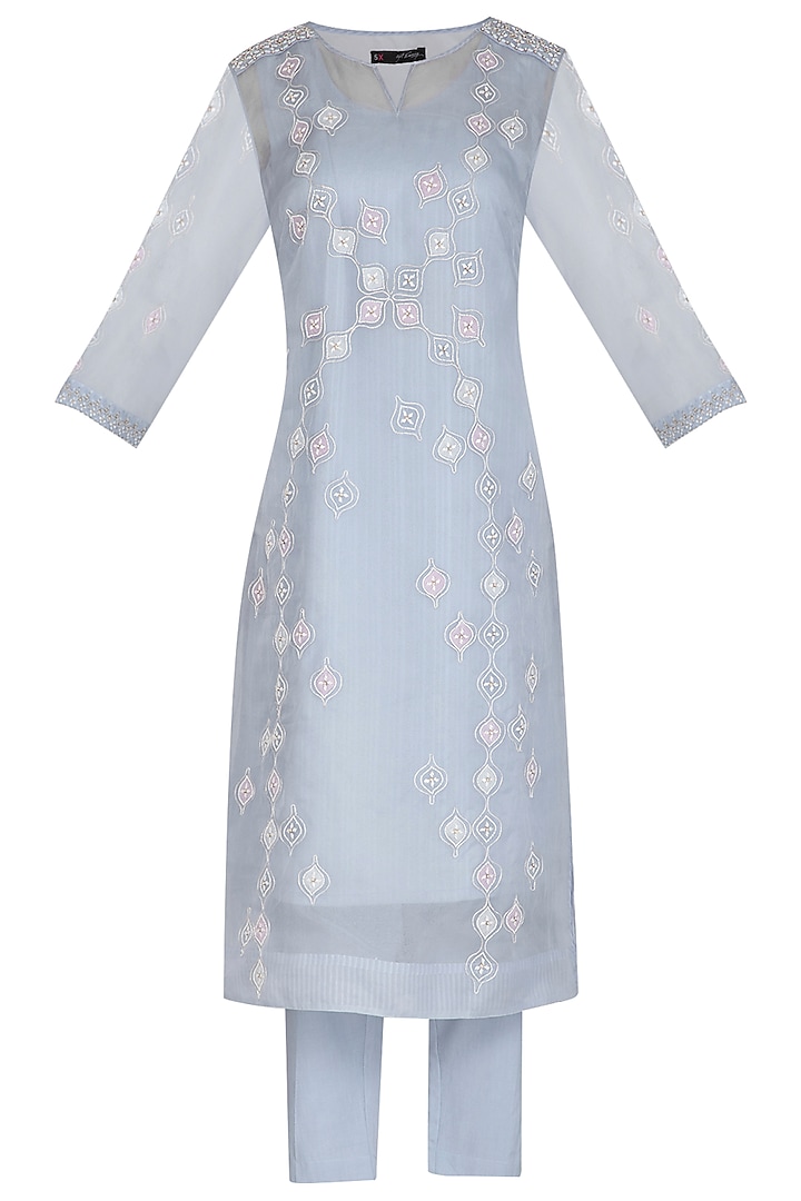 Light Blue Embroidered Kurta Set by 5X by Ajit Kumar at Pernia's Pop Up Shop