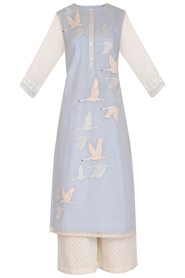 Light Blue Patch Embroidered Kurta Set by 5X by Ajit Kumar at Pernia's Pop Up Shop