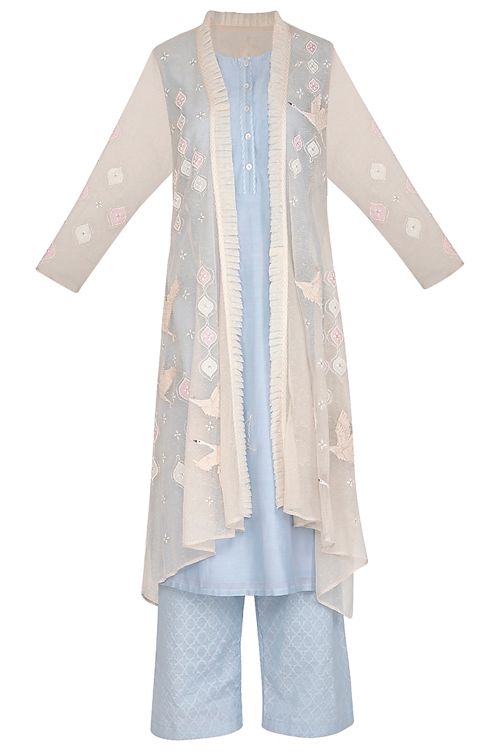 Light Blue Tunic With Pants & Embroidered Jacket by 5X by Ajit Kumar