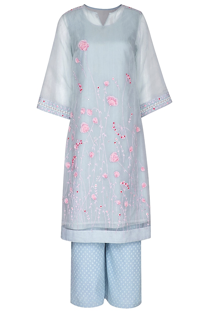 Sky Blue Embroidered Tunic Set With Inner by 5X by Ajit Kumar