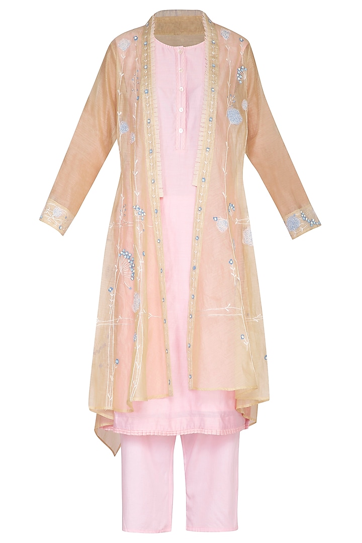 Blush Pink Embroidered Shrug Jacket With Tunic & Cropped Pants by 5X by Ajit Kumar