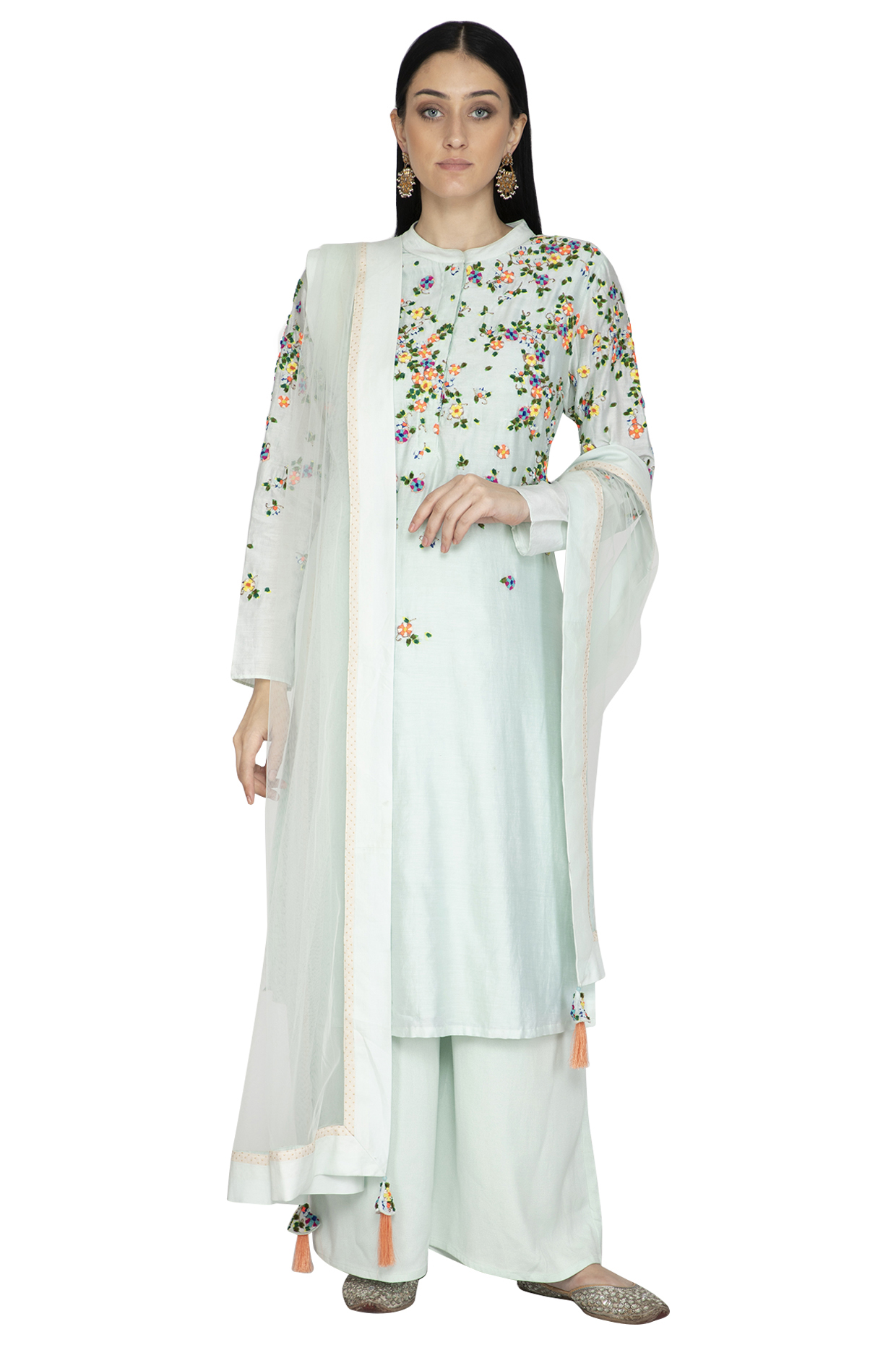Sky Blue Chanderi Floral Embroidered Tunic Set by 5X by Ajit Kumar at Pernia's Pop Up Shop