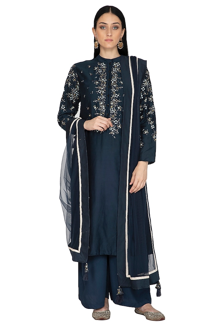 Navy Blue Chanderi Floral Embroidered Tunic Set by 5X by Ajit Kumar